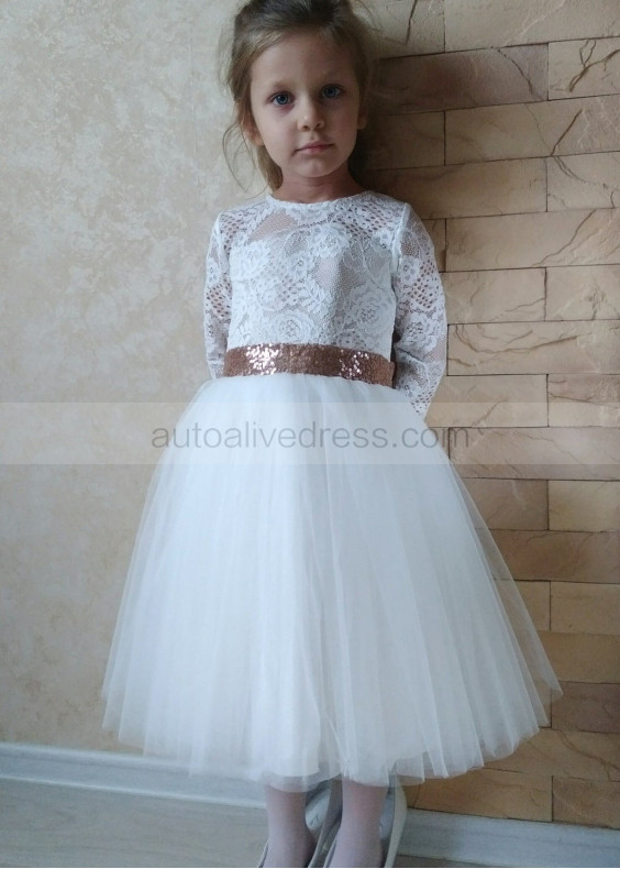 White Lace Flower Girl Dress With Sequin Sash